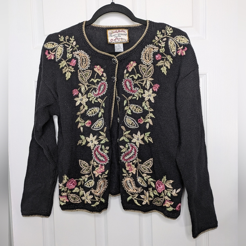 90s Vintage Knit Embroidered Cardigan  Petite Small Cottagecore Natural Fibers